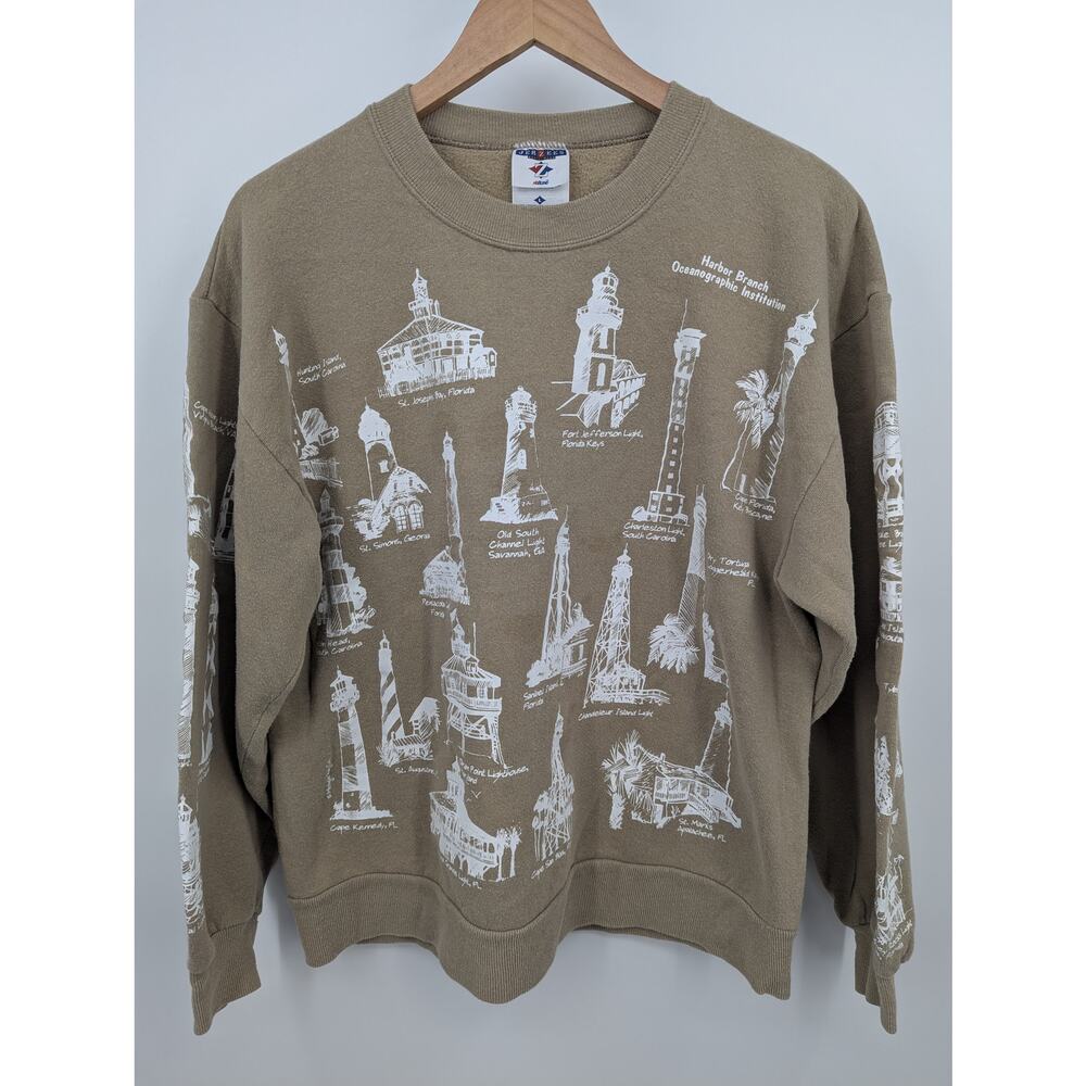 Vintage Lighthouse Map Large Brown Crewneck Sweatshirt White Print Size Large L